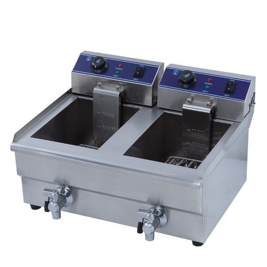 Freidora eléctrica 10 + 10 litros. Dos senos. Con grifo